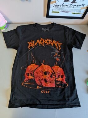 Black Craft 'CULT' Graphic Tee with Black Cat & Orange Skull Design